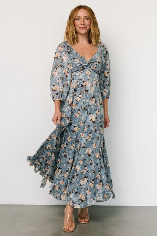 Estefania Maxi Dress | Blue + Peach Floral Comfortable Ruffle Maxi Dress