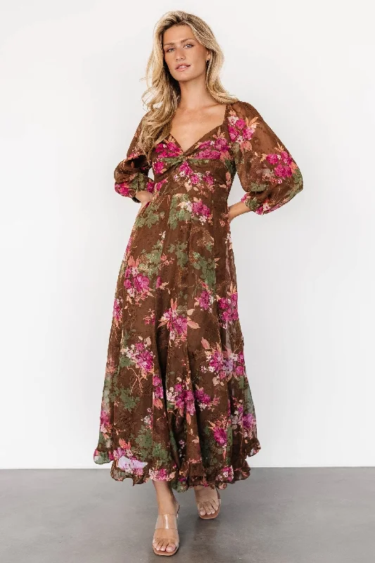Estefania Maxi Dress | Brown Floral Fashionable Chiffon Maxi Dress