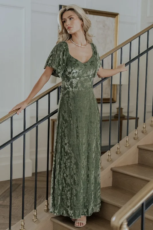 Everley Velvet Maxi Dress | Dark Sage Fashionable Maxi Dress with Fringe
