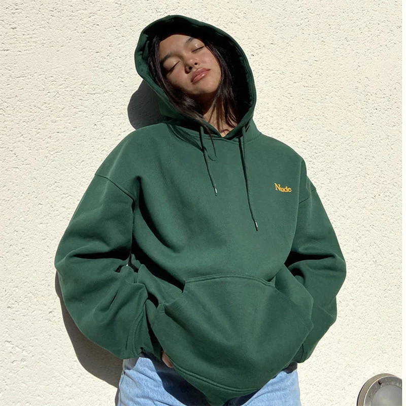 Fashion Casual Letter Printing Women'S Loose Long-Sleeved D.Green Top Sweatshirts Hoodie with Double Zipper Versatile Adjustable Fashion Casual Letter Printing Women'S Loose Long-Sleeved D.Green Top Sweatshirts Hoodie with Double Zipper Versatile Adjustable