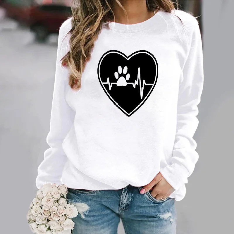 Fashion Women Casual Long Sleeves Round Neck Footprint Heart Print Sweatshirt Hoodie with Pastel Soft Subtle Fashion Women Casual Long Sleeves Round Neck Footprint Heart Print Sweatshirt Hoodie with Pastel Soft Subtle
