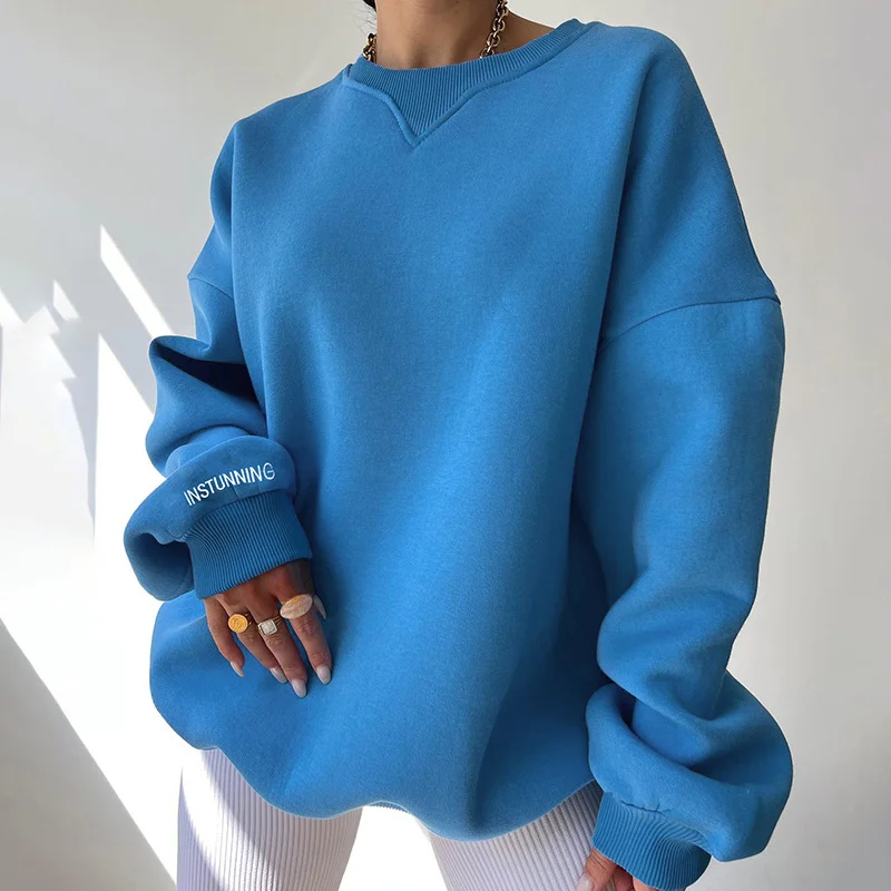 Fashion Women Round Neck Solid Color Loose Long-Sleeved Casual Sweatshirt Hoodie with Ribbed Hem Stretchable Secure Fashion Women Round Neck Solid Color Loose Long-Sleeved Casual Sweatshirt Hoodie with Ribbed Hem Stretchable Secure
