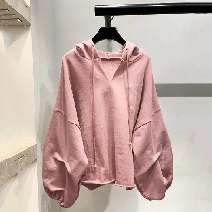 Fashion Young Women Large Size Solid Color V-Neck Puff Sleeve Loose Hoodie Hoodie with Fur Luxurious Winter Fashion Young Women Large Size Solid Color V-Neck Puff Sleeve Loose Hoodie Hoodie with Fur Luxurious Winter