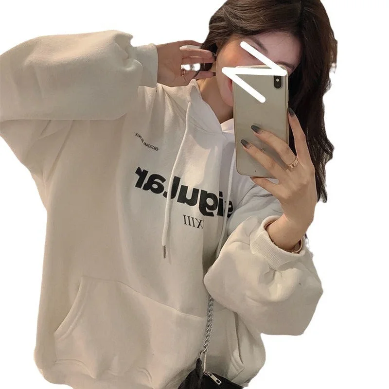 Fleece-lined Thickened Drawstring Hoodie Loose Letter Print Jacket Student Couple Clothes Hoodie with Metallic Shiny Futuristic Fleece-lined Thickened Drawstring Hoodie Loose Letter Print Jacket Student Couple Clothes Hoodie with Metallic Shiny Futuristic