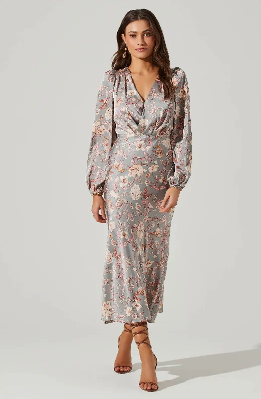 Floral Deep V Long Sleeve Maxi Dress Fashionable Asymmetrical Maxi Dress