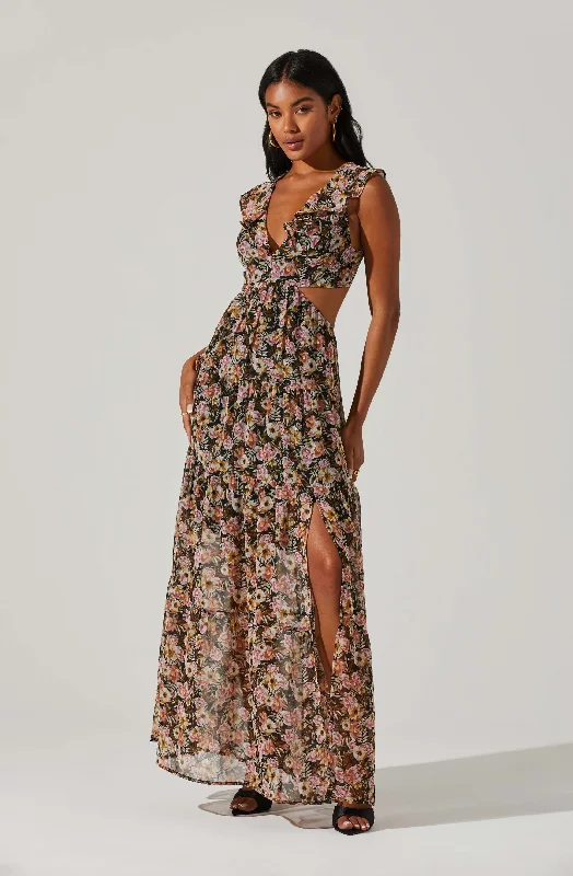 Floral Ruffle Cutout Maxi Dress Elegant Floral Maxi Dress
