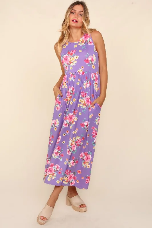 Floral Sleeveless Babydoll Maxi Dress - Lilac Trendy V-Neck Maxi Dress