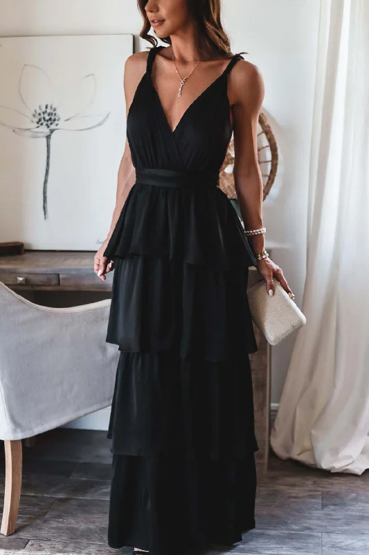 Formal Introduction Ruffle Tiered Maxi Dress - Black Comfortable T-Shirt Maxi Dress