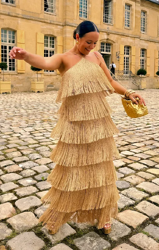 Gatsby Maxi Dress ~ Gold Rush Fringe Fashionable Button-Down Maxi Dress