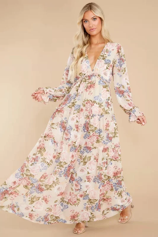 Gracefully Yours Floral Chiffon Boho Maxi Dress Comfortable Long-Sleeve Maxi Dress