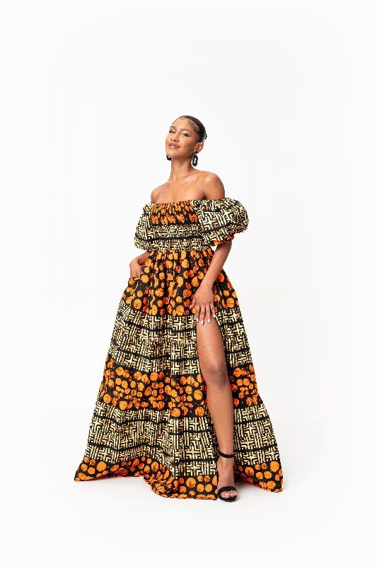 HANI Smocked Puffy Sleeve African print maxi dress Elegant Lace-Up Maxi Dress