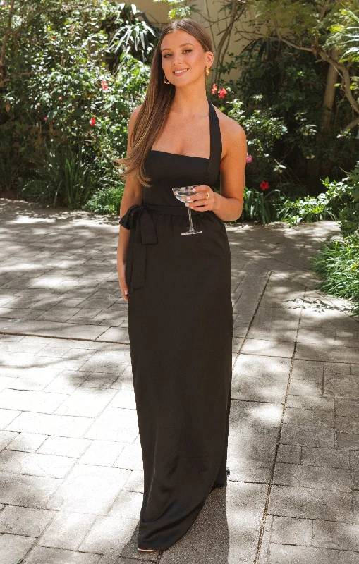 Hazel Halter Maxi Dress ~ Black Luxe Satin Comfortable Maxi Dress with Belt