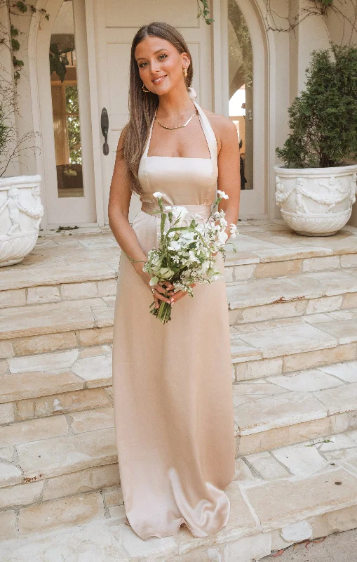 Hazel Halter Maxi Dress ~ Champagne Luxe Satin Fashionable Sleeveless Maxi Dress