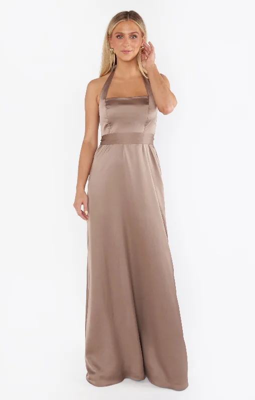 Hazel Halter Maxi Dress ~ Dune Luxe Satin Comfortable Bohemian Maxi Dress