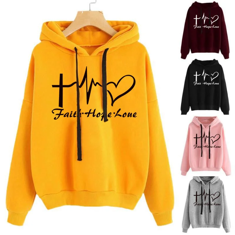 Women Long Sleeve Heart Printed Hoodie Hoodie with Hem Embroidery Detailed Premium