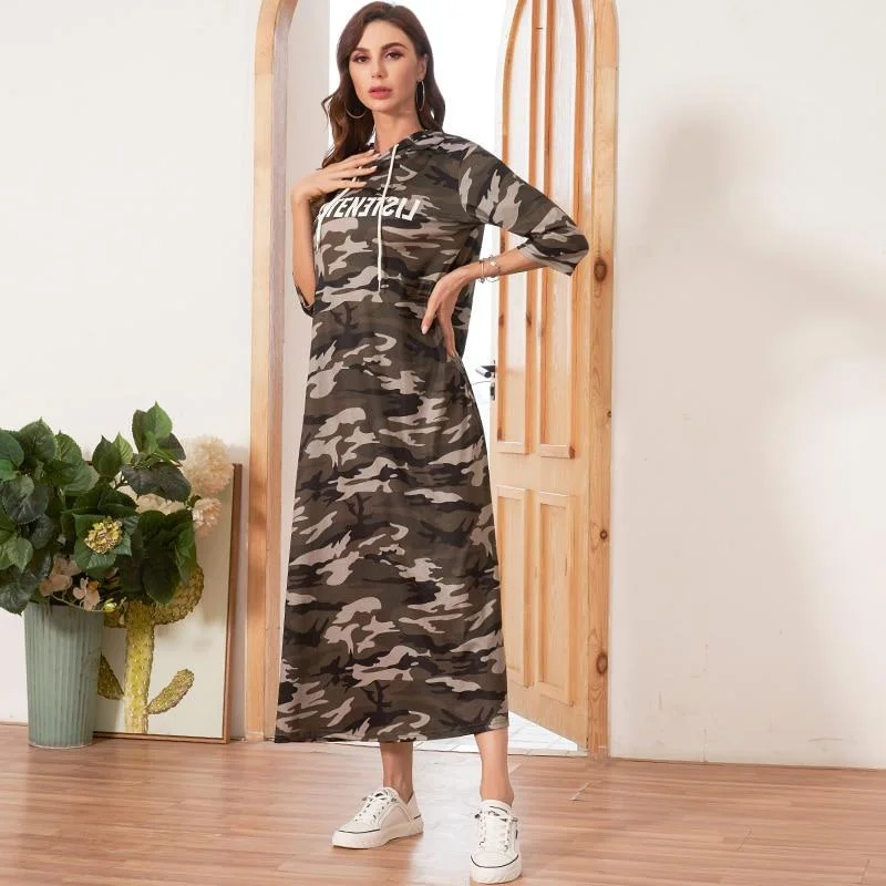 FashionSierra - Hooded Dress Women Camouflage Casual Letter Print Dresses Woman Three Quarter Sleeve Ladies Maxi Dress Chic Summer Floral Maxi Dress