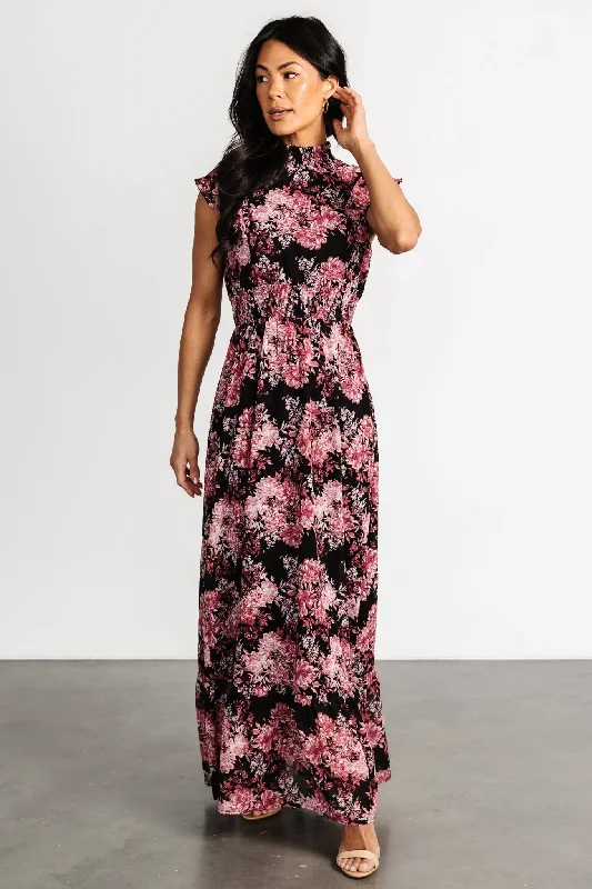 Kearny Ruffle Maxi Dress | Black + Mauve Comfortable Long-Sleeve Maxi Dress
