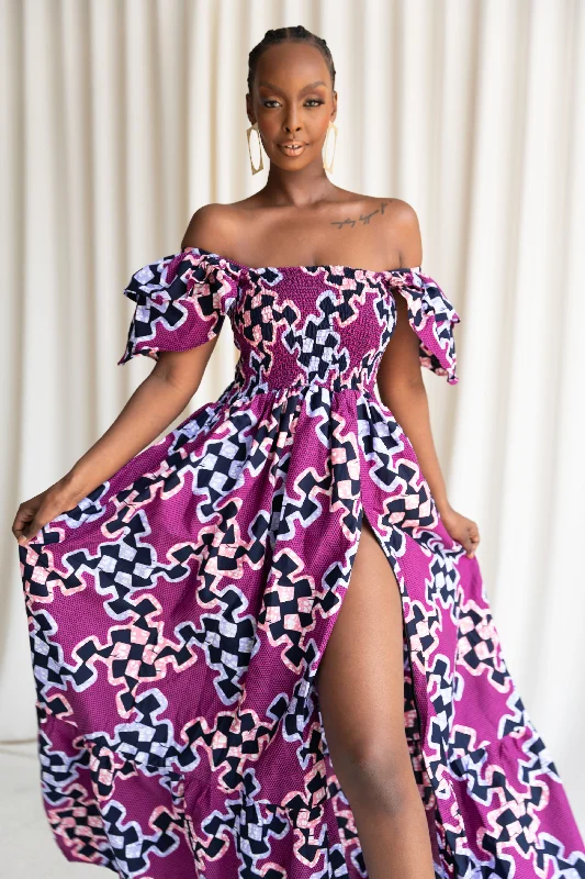 KENE Smocked Ruffle Sleeve African print maxi dress Elegant Wraparound Maxi Dress