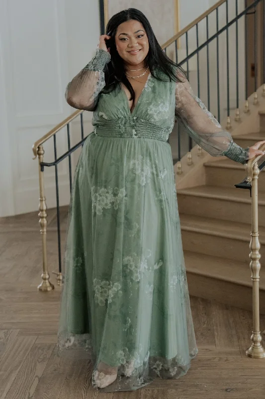 Layla Tulle Maxi Dress | Dusty Green Floral Elegant Maxi Dress with Lace