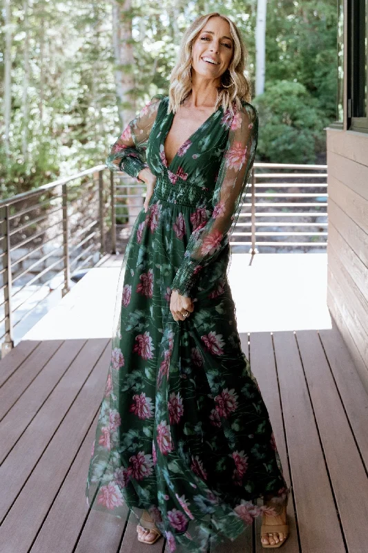 Layla Tulle Maxi Dress | Green + Pink Floral Comfortable Fitted Maxi Dress