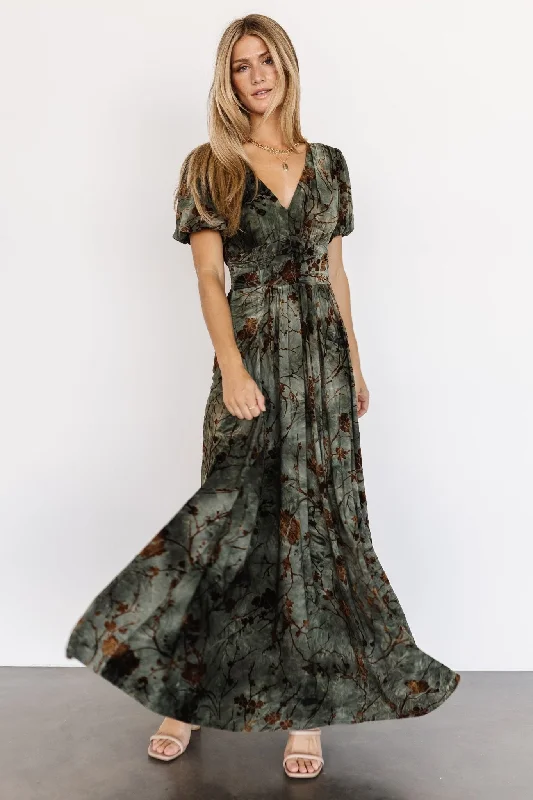 Leslie Velvet Maxi Dress | Green + Copper Elegant Maxi Dress with Lace
