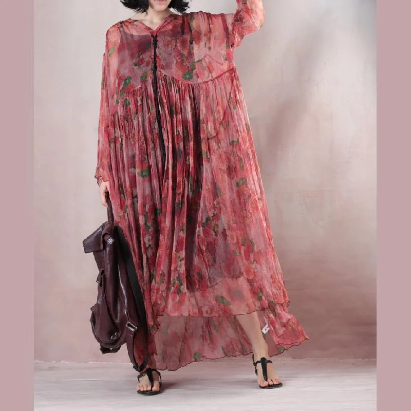 Light Red Silk Dress Gown Print Wrinkled Drawstring Maxi Dress Comfortable Bohemian Maxi Dress