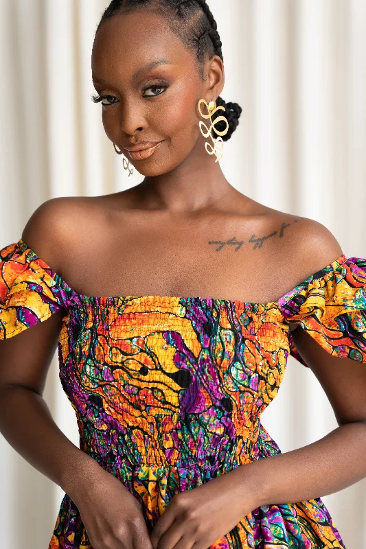 LISA Smocked Ruffle Sleeve African print maxi dress Chic Sleeveless Maxi Dress