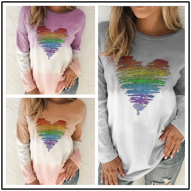 Long-Sleeved Women Round Neck Autumn Winter Casual Tie-Dye Heart Print Sweatshirt Hoodie with Batwing Sleeves Loose Dramatic Long-Sleeved Women Round Neck Autumn Winter Casual Tie-Dye Heart Print Sweatshirt Hoodie with Batwing Sleeves Loose Dramatic