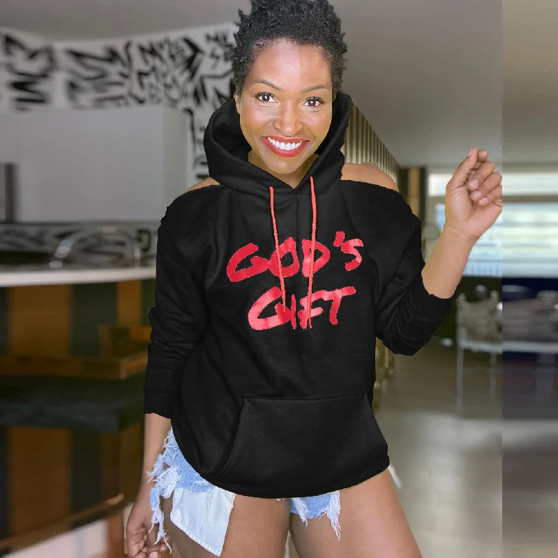 Loose Casual Cool-Shoulder Large Pocket Long-Sleeved Women Letter Print Hoodie Hoodie with Typography Text Message Loose Casual Cool-Shoulder Large Pocket Long-Sleeved Women Letter Print Hoodie Hoodie with Typography Text Message