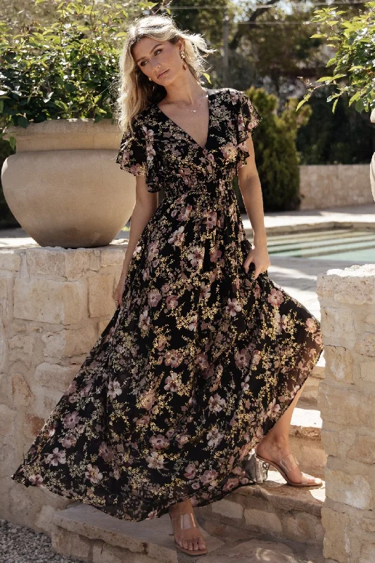 Lynlee Metallic Maxi Dress | Black + Mauve Fashionable Asymmetrical Maxi Dress