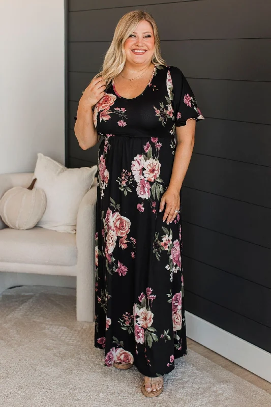 Major Moment Floral Maxi Dress- Black Trendy Button Front Maxi Dress