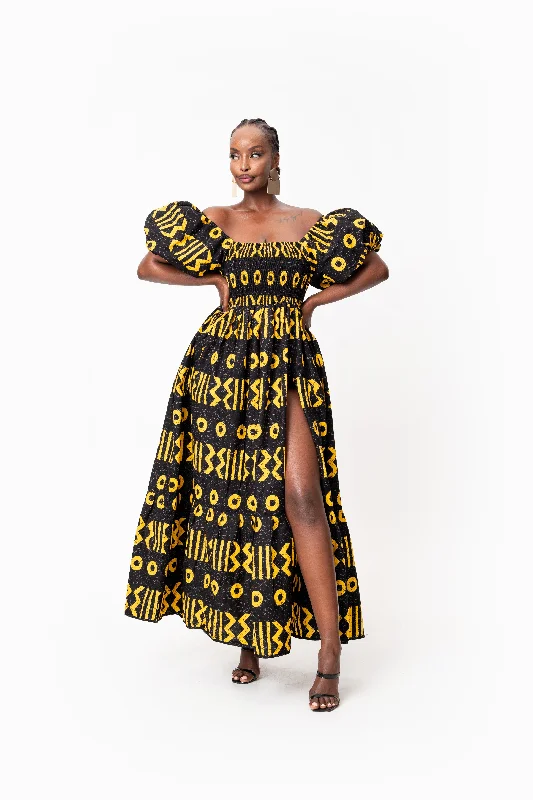 MAKENA Smocked Puffy Sleeve African print maxi dress Elegant Pleated Maxi Dress