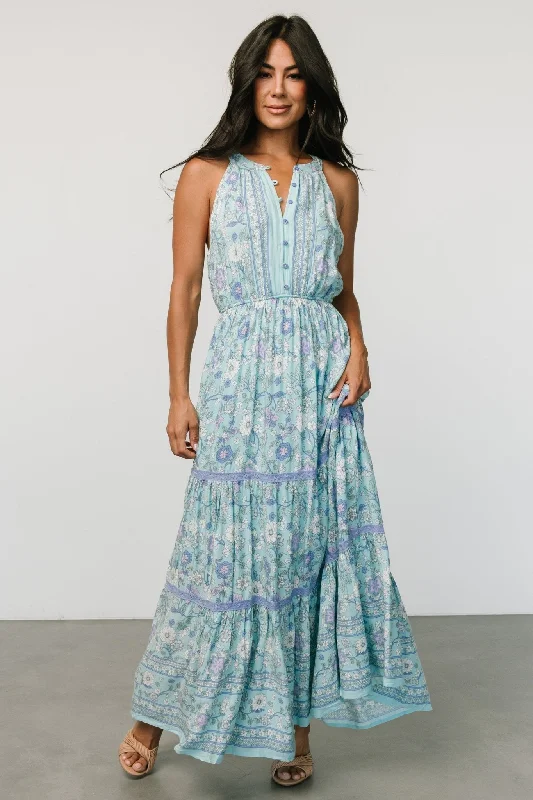 Meline Button Front Maxi Dress | Light Blue Multi Trendy A-Line Maxi Dress