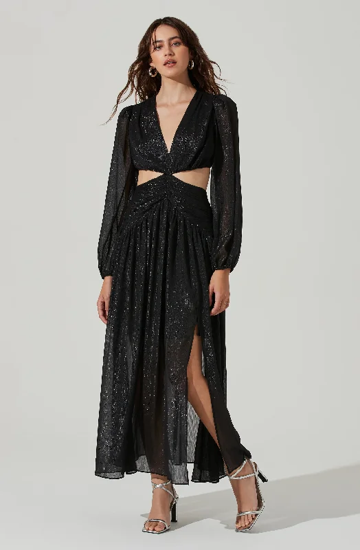 Metallic Twist Cutout Waist Maxi Dress Elegant Maxi Dress with Drapes