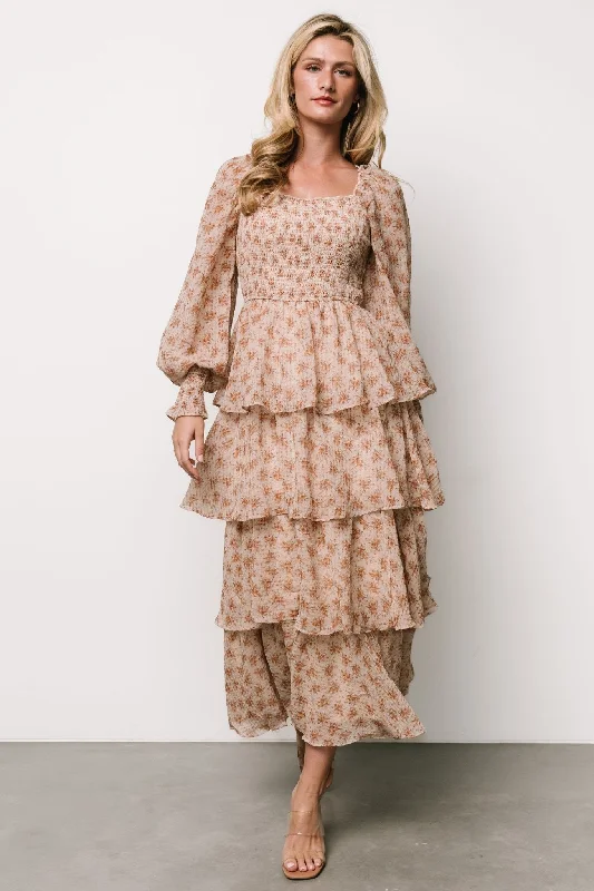 Miranda Tiered Maxi Dress | Taupe Floral Chic Boho Print Maxi Dress