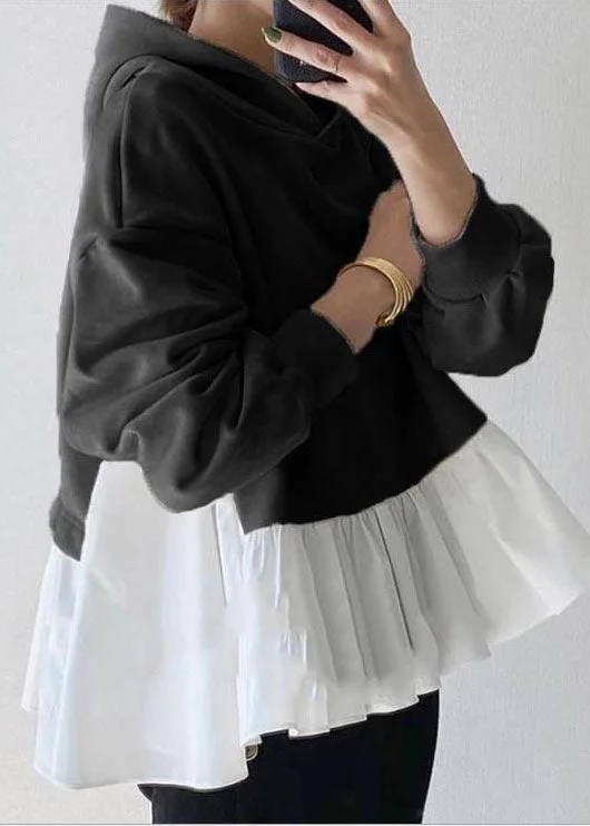 Modern Black Hooded Patchwork Warm Fleece Sweatshirts Top Spring Hoodie with Hem Frayed Vintage Worn Modern Black Hooded Patchwork Warm Fleece Sweatshirts Top Spring Hoodie with Hem Frayed Vintage Worn