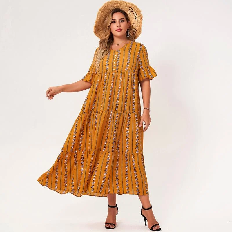 FashionSierra - Plus Size Yellow Geometry V-neck Half Flared Sleeves Button A-line Loose Bohemian Style Maxi Dresses Fashionable Faux Wrap Maxi Dress