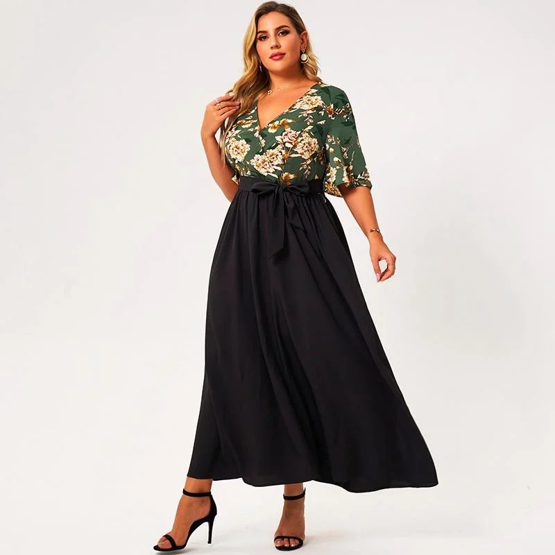 FashionSierra - Summer Maxi Dress Women Plus Size Green And Black Loose Floral Print Belt Half Sleeve V-neck Holiday Casual Large Robes Trendy Satin Maxi Dress