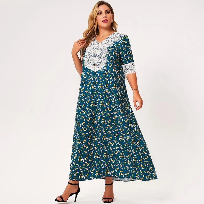 FashionSierra - Maxi Dress Women Plus Size Lake Blue Loose Floral Print Lace Tassel Half Sleeve Button Holiday Party Large Robes Elegant Lace Maxi Dress