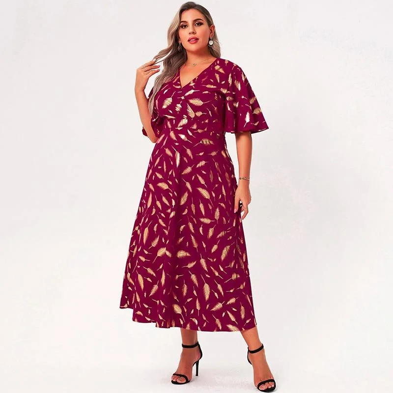 FashionSierra - Summer Maxi Dress Women Plus Size Red Loose Plant Floral Print Slim Ruffle Short Sleeve Large Holiday Style Party Robes Classic Solid Maxi Dress