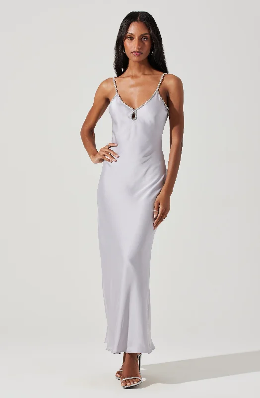 Nilana Rhinestone Trim Satin Maxi Dress Comfortable Flowy Maxi Dress