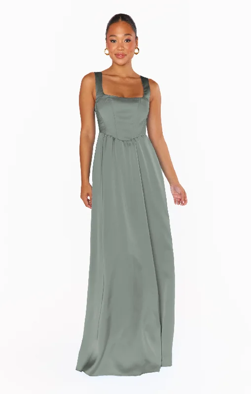 Nina Maxi Dress ~ Deep Sage Luxe Satin Cozy Spaghetti Strap Maxi Dress