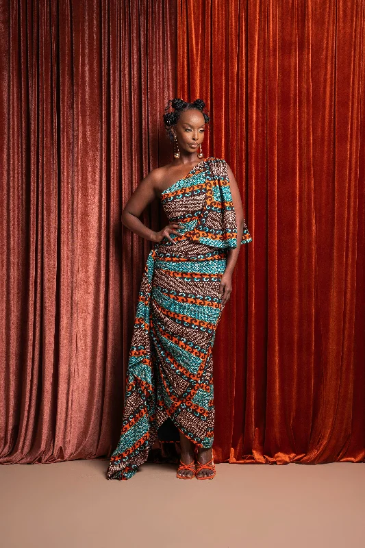NNEKA African Print One Sleeve Drape Maxi Dress Chic Boho Print Maxi Dress