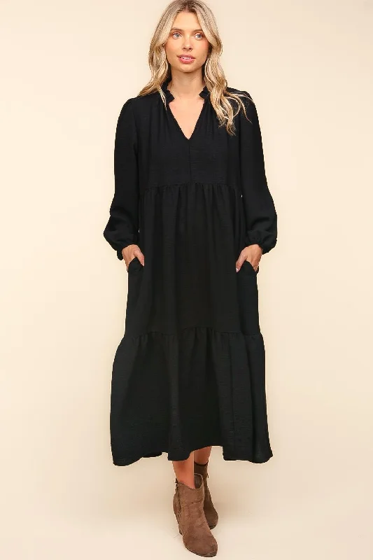 Notch Neck Babydoll Long Sleeve Maxi Dress - Black Trendy Ruffled Maxi Dress