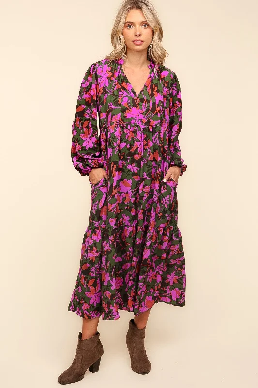 Notch Neck Babydoll Long Sleeve Maxi Dress - Forest/Lavender Floral Chic Boho Print Maxi Dress