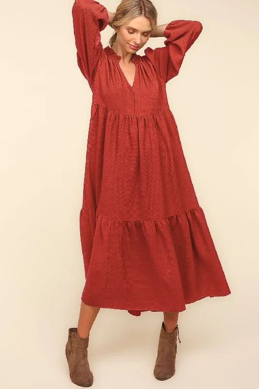 Notch Neck Babydoll Long Sleeve Maxi Dress - Spice Elegant Floral Maxi Dress