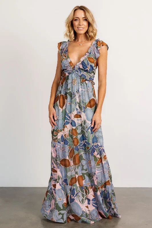 Nylah Back Tie Maxi Dress | Blue Multi Comfortable Satin Maxi Dress