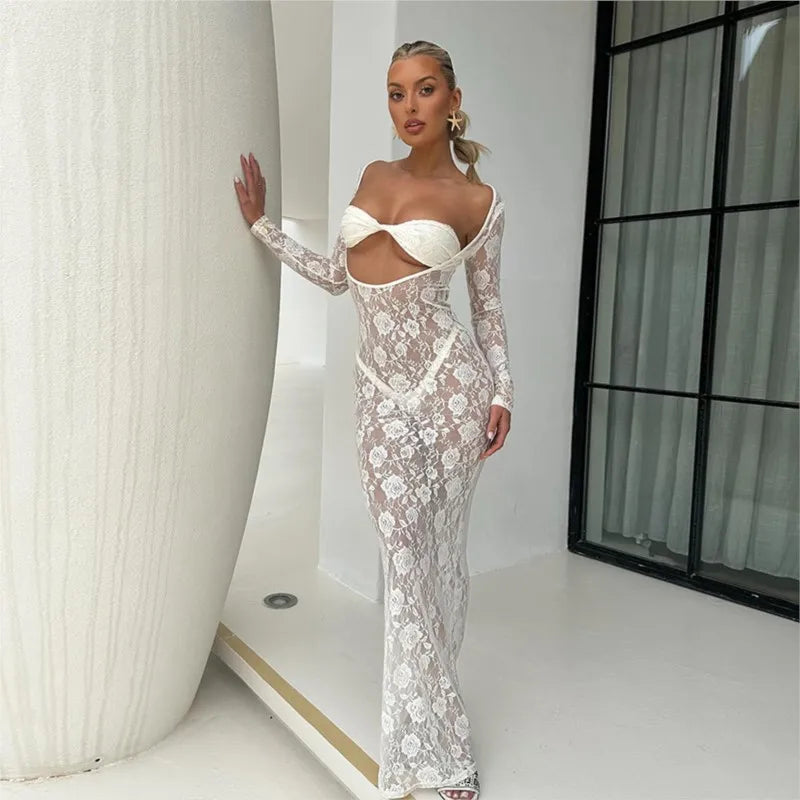 Open Chest Lace Sleeved Maxi Dresses Elegant Wraparound Maxi Dress