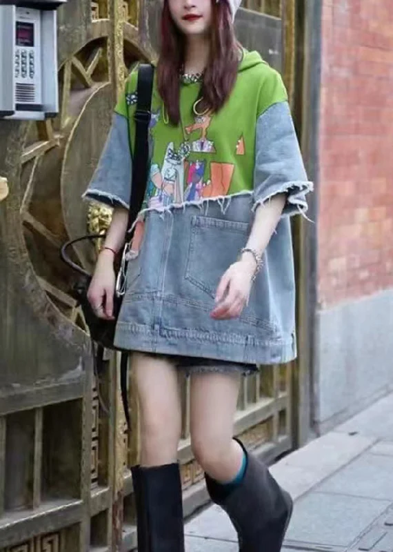 Original Design Green Cartoon Print Denim Patchwork Hooded Tops Summer Hoodie with Logo Branding Identity Original Design Green Cartoon Print Denim Patchwork Hooded Tops Summer Hoodie with Logo Branding Identity