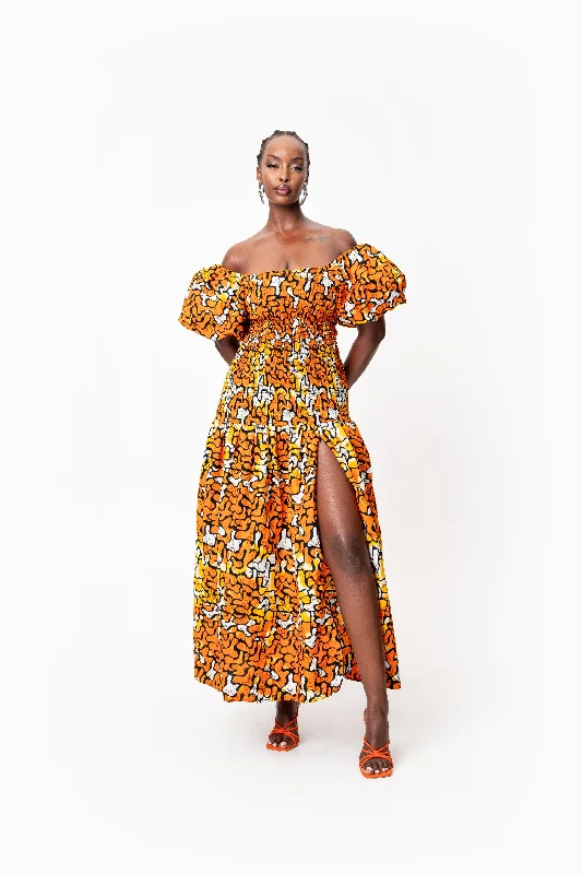 OTTI African print smocked body maxi dress Comfortable Fit-and-Flare Maxi Dress